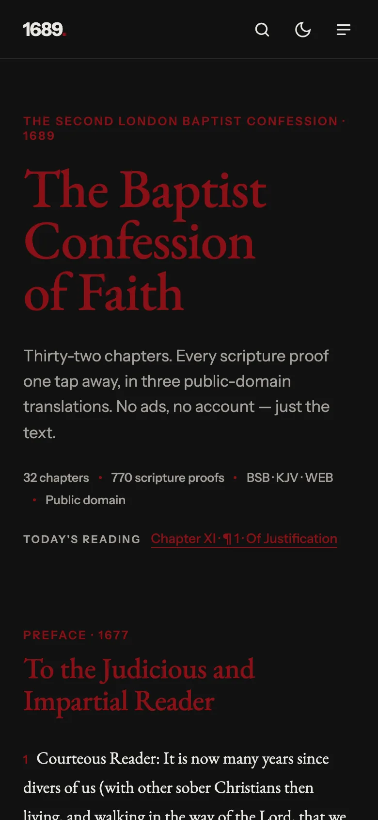 The 1689 Confession reader on a phone