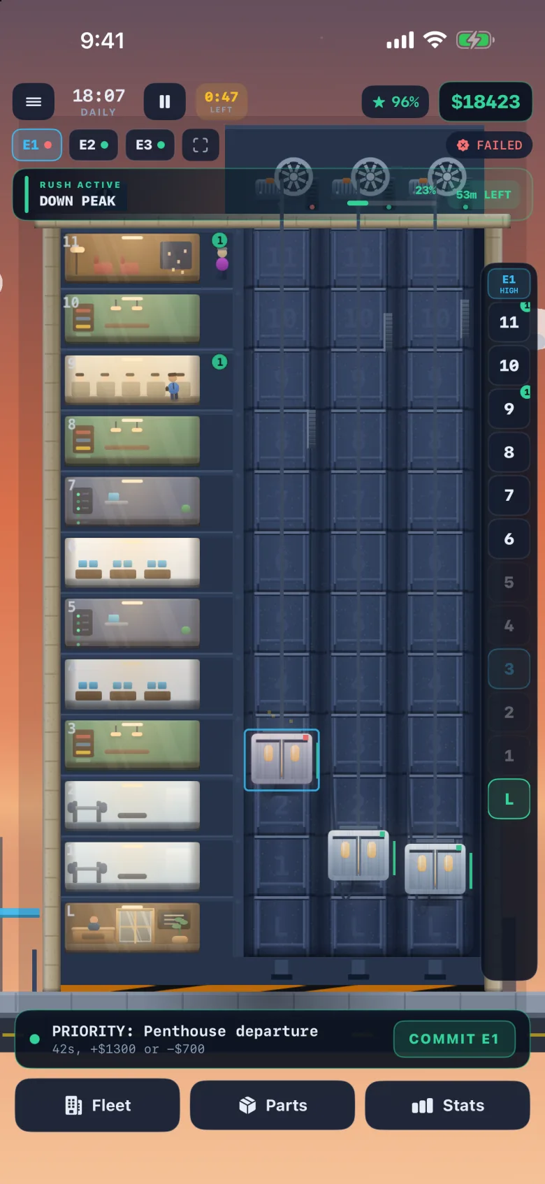 Hoistway Simulator during the down peak rush, with a priority call waiting