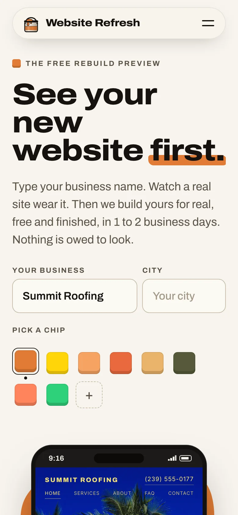 Website Refresh on a phone: a business name typed into the try on, and a demo site wearing it