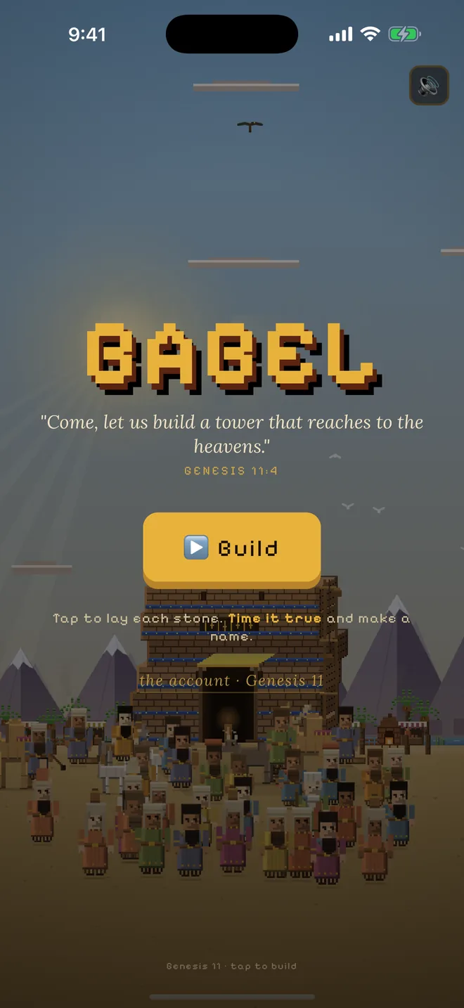 The Babel title screen over a pixel-art crowd with a Build button