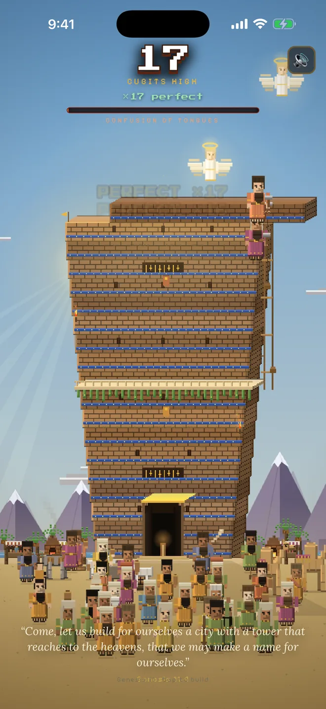 A tall brick tower seventeen cubits high with builders and a crowd below