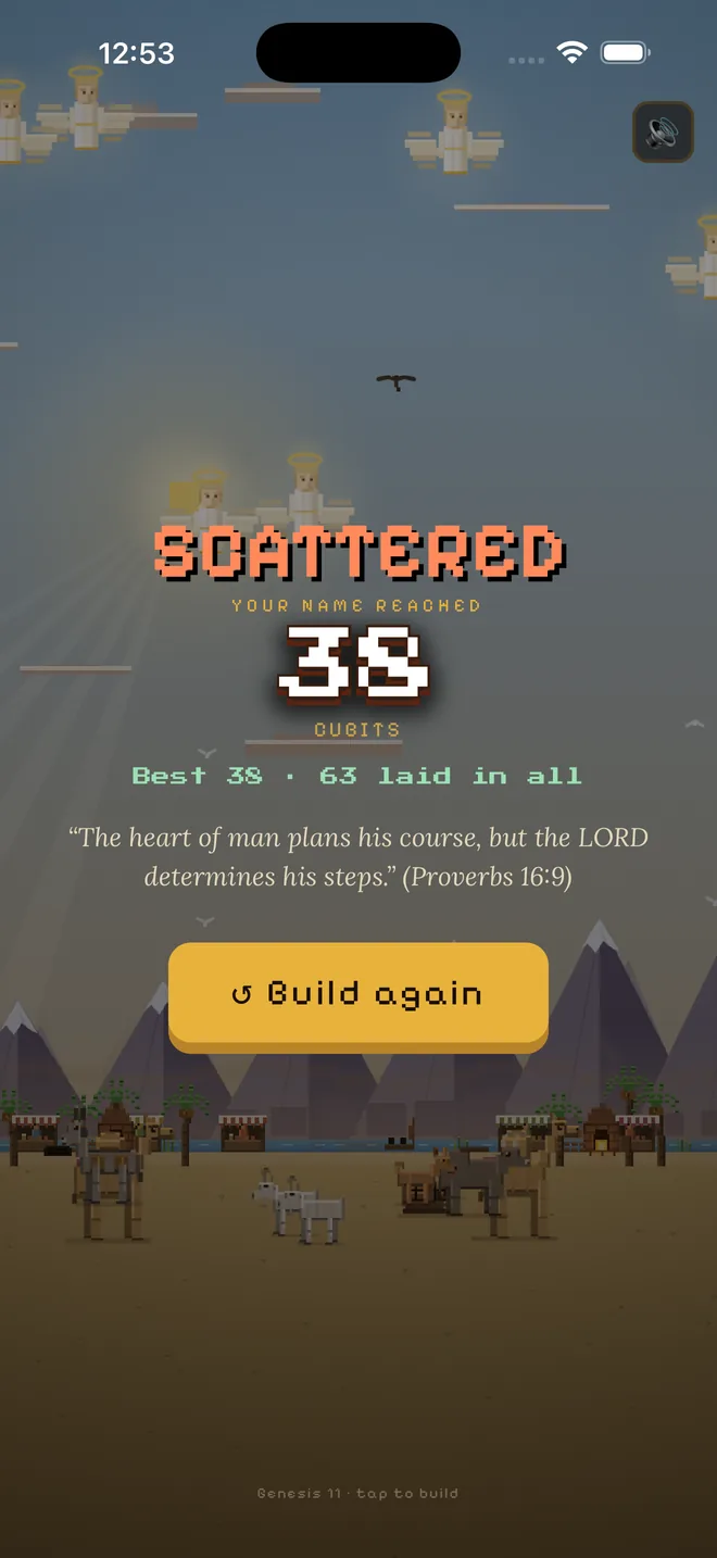 The Scattered screen showing the height reached and a Build again button