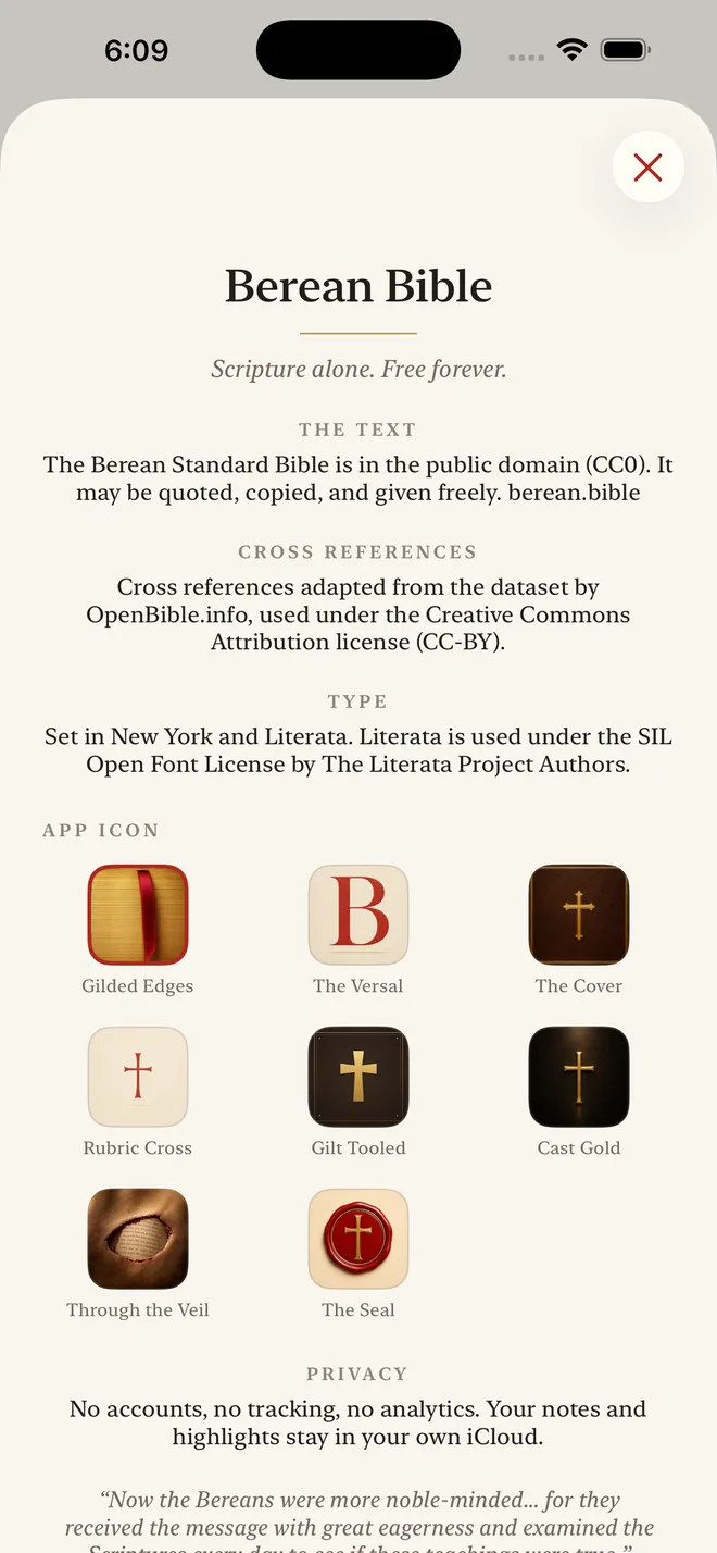 The about screen with the text license and a choice of app icons