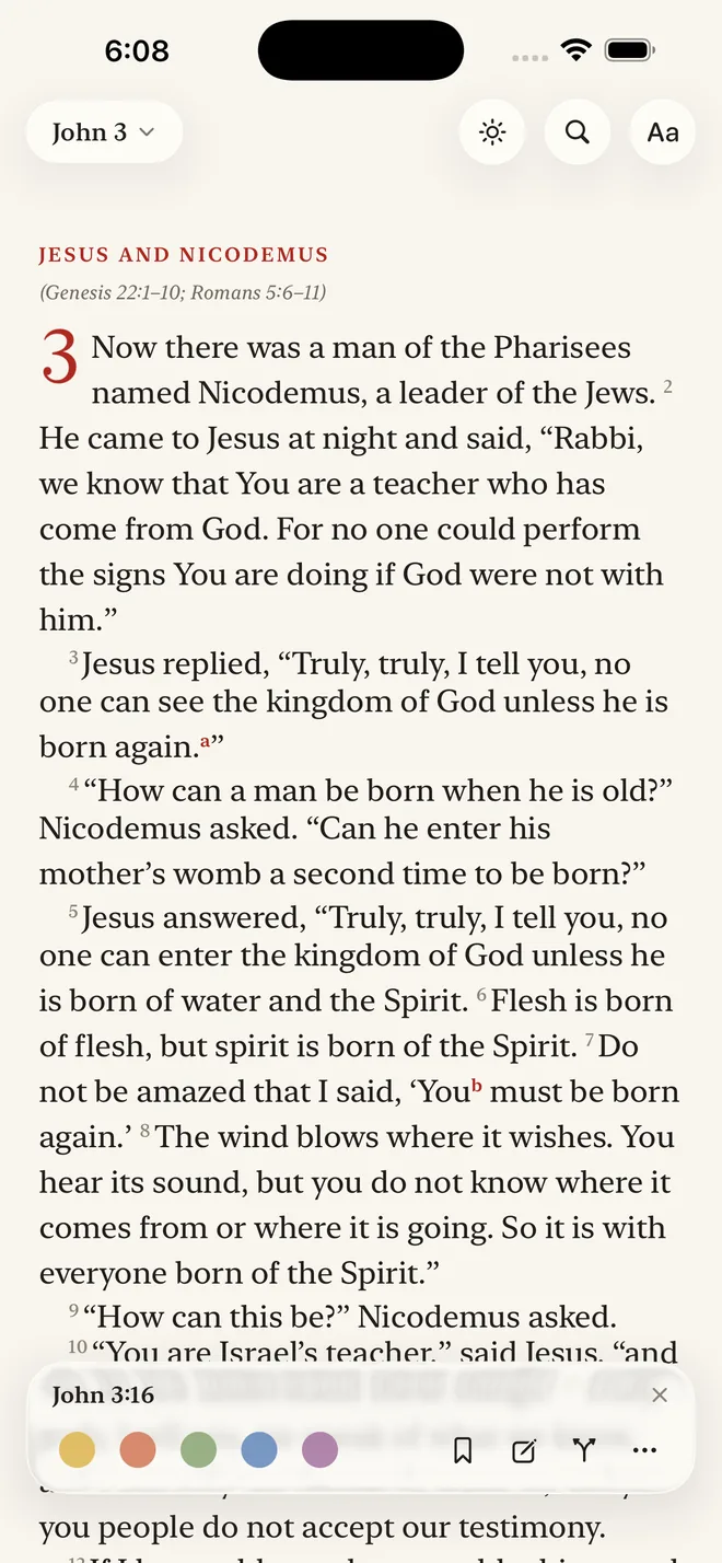 John 3 with a verse selected and five highlight colors offered