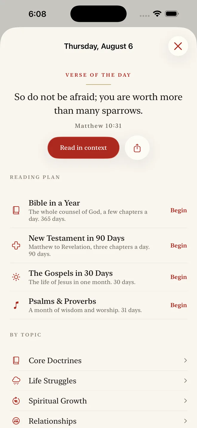 The verse of the day with reading plans and a topical index below