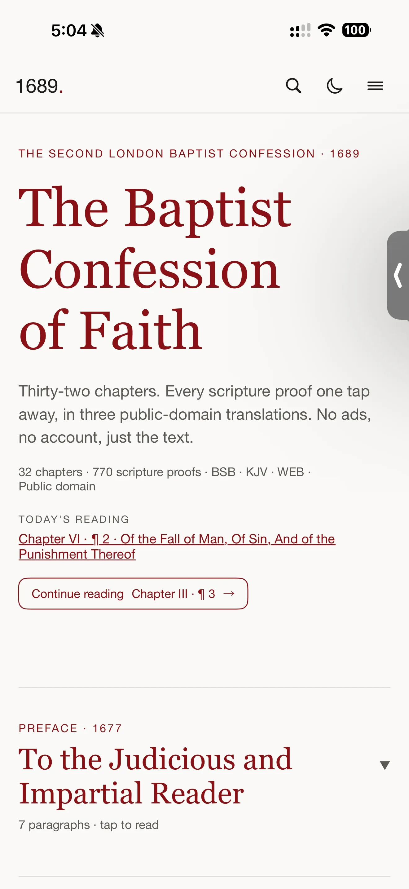 The 1689 Confession: the title page with today's reading