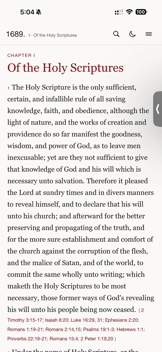 Chapter one, Of the Holy Scriptures, with its proof references