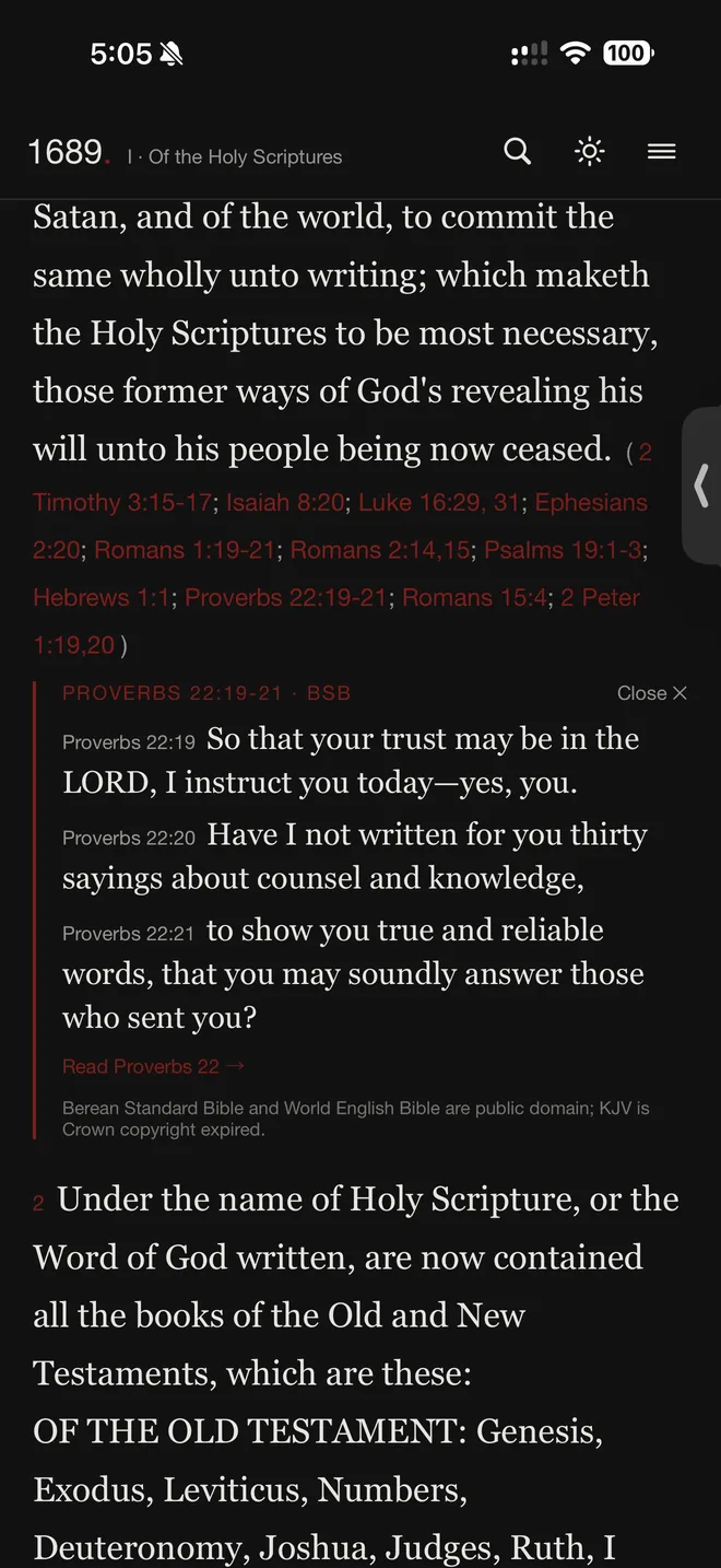 A proof text from Proverbs opened in place beneath the paragraph, in dark mode