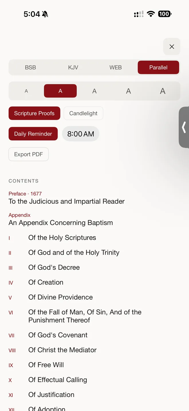 Settings for translation, text size, daily reminder, and the table of contents