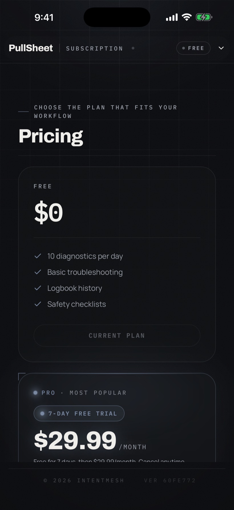 PullSheet pricing with a 7-day free trial on the Pro plan