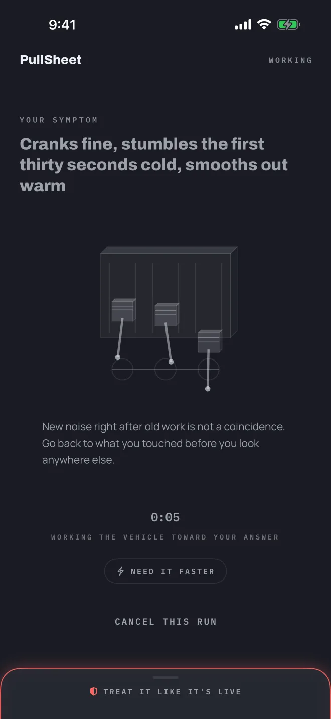 The working screen with a drawn engine component, a rotating field note, and a timer