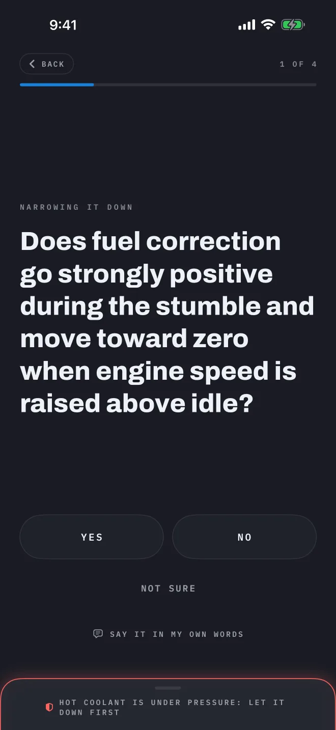 A narrow-down question about fuel correction with yes, no, and not sure answers