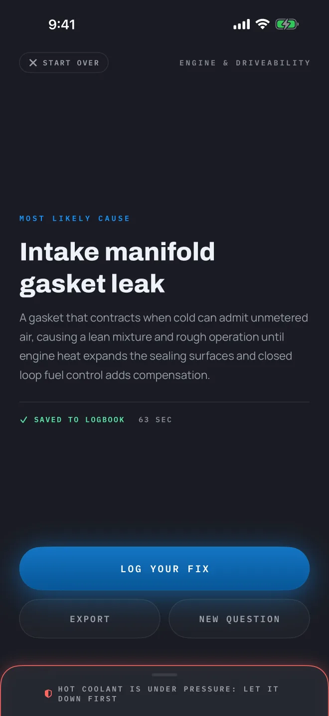 The resolution screen naming an intake manifold gasket leak as the most likely cause, saved to the logbook